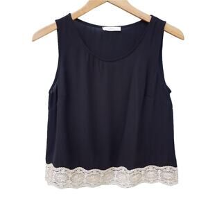 Lush | Sheer Tank Top Black Gold Lace Trim XS